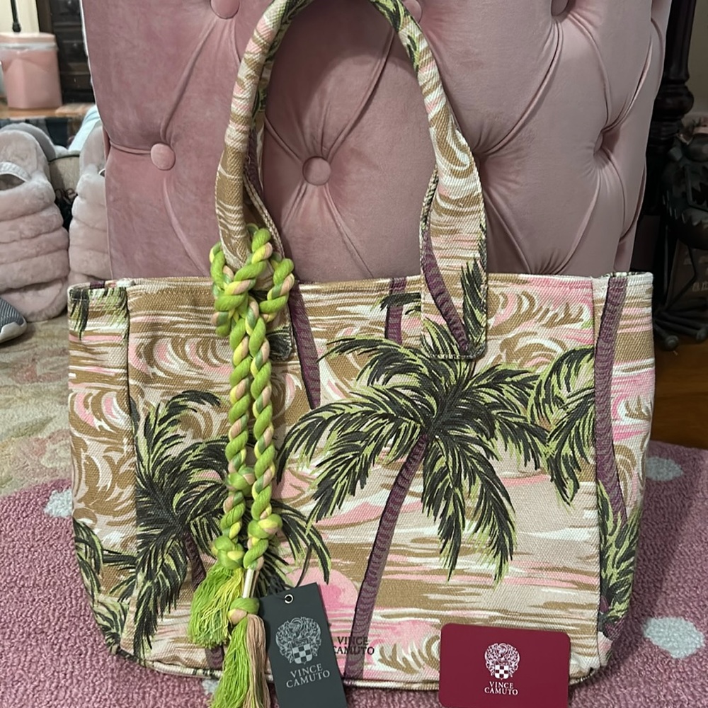 Vince Camuto Pink Palm Canvas Tote Bag/Purse